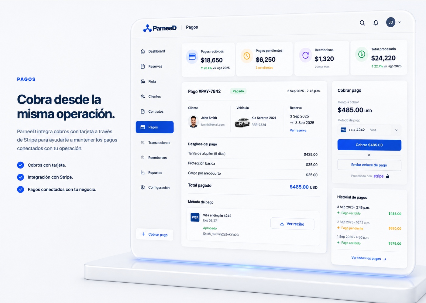 ParneeD Pagos: cobros integrados con reservas, pagos recibidos, pendientes, reembolsos e historial